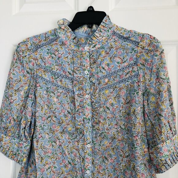 Democracy Women's Tops Ruffle Trim Floral Metallic Cotton 3/4 Sleeve Button up62 - Picture 5 of 6
